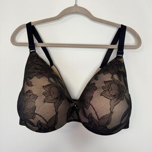 Cacique Bra Lightly Lined Full Coverage Floral Lace Sheer Tan Mesh Sz 38F